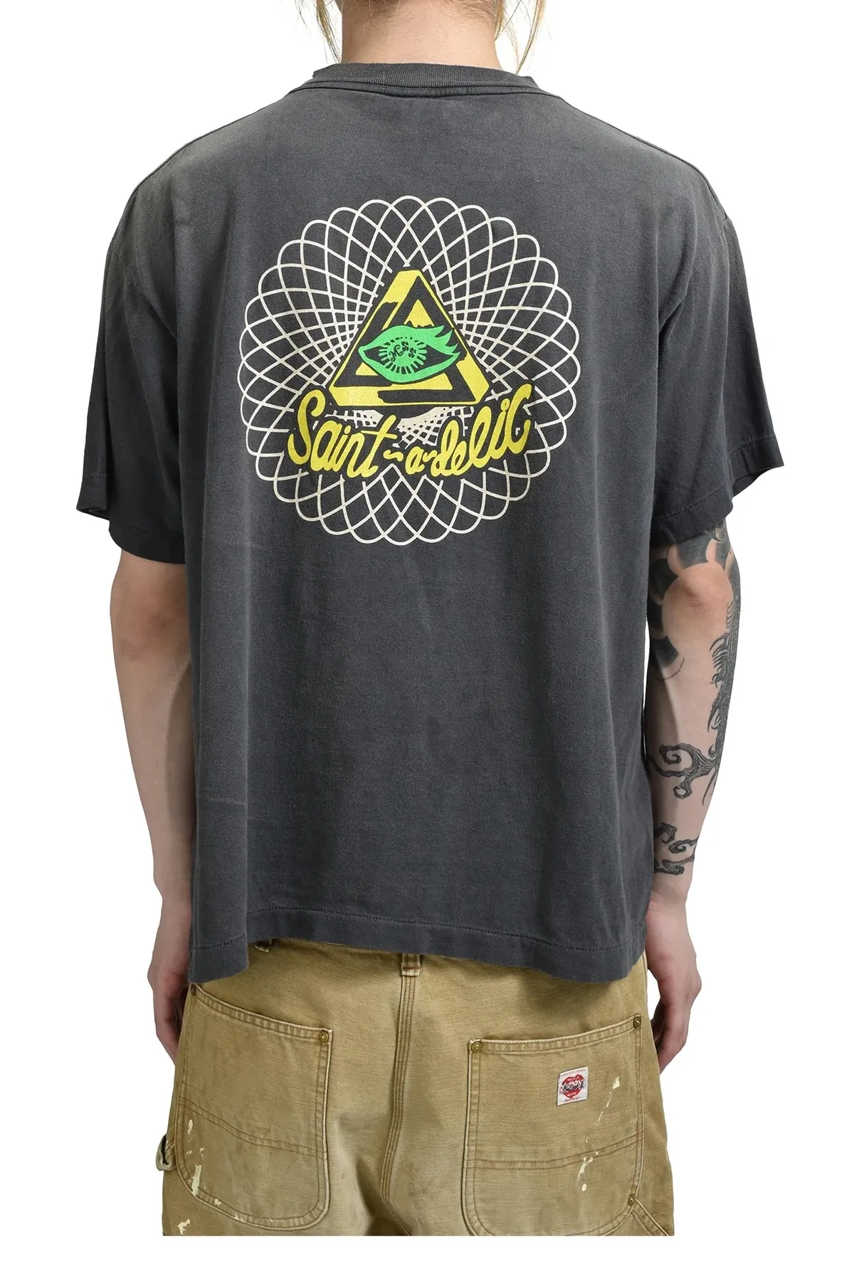 SAINT Mxxxxxx SS TEE/SAINT MX6/BLK Little devil bee distressed TEE, washed black S-XL OE yarn tube fabric, no side seams, Assute garment dyeing, heavy washing, water fading, old hole treatment, correct version, original consistent main mark/wash mark/cherub mark, original consistent printing restoration, distressed treatment, top purchasing agent level